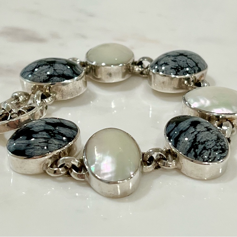 Sterling Silver, Mother of Pearl & Snowflake Obsidian Bracelet